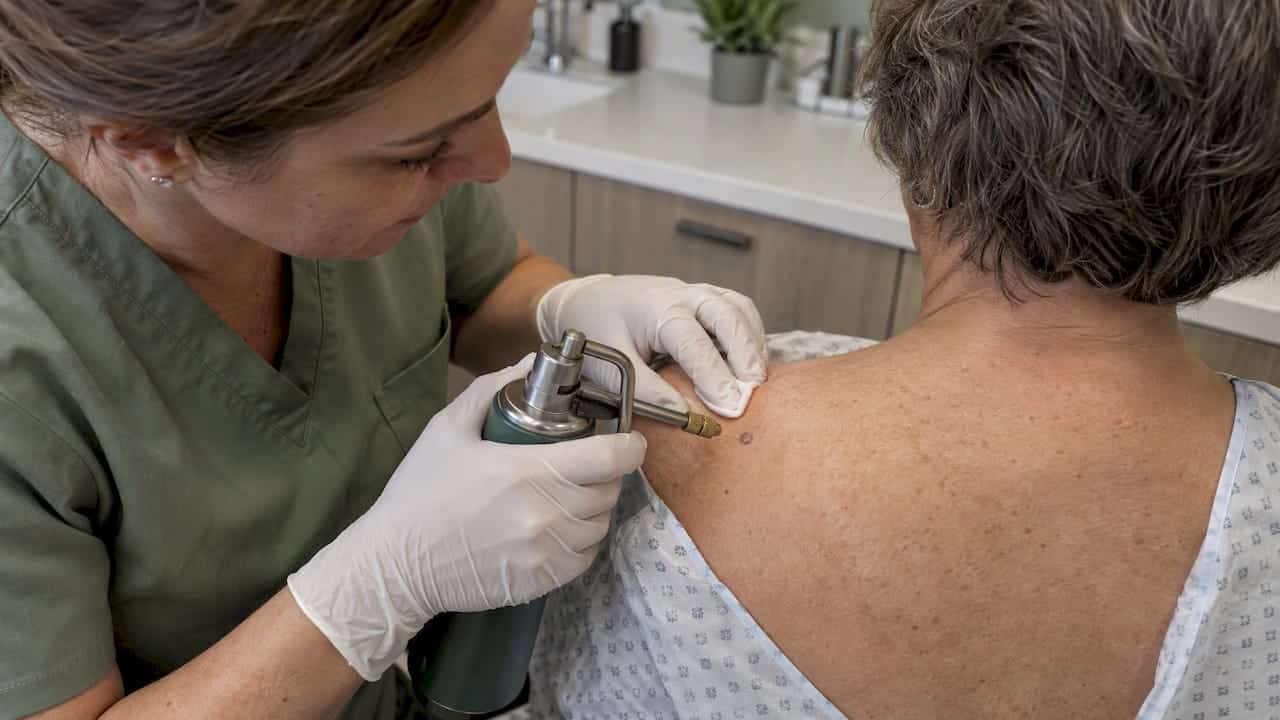 Clinician applying liquid nitrogen to a skin lesion