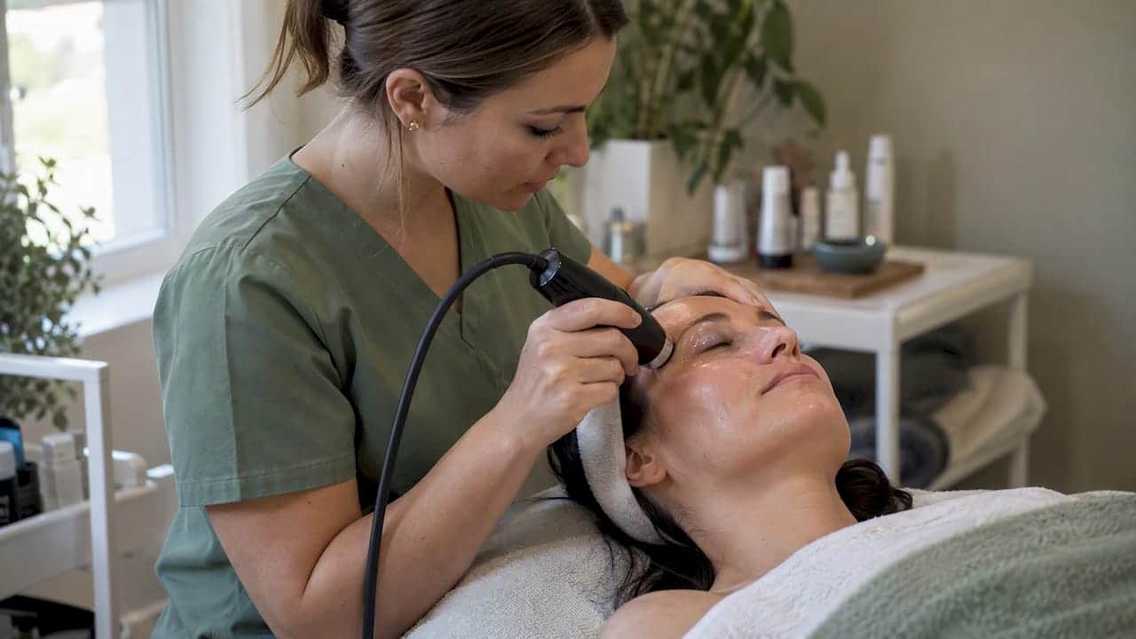 Provider applies radiofrequency treatment under the eye