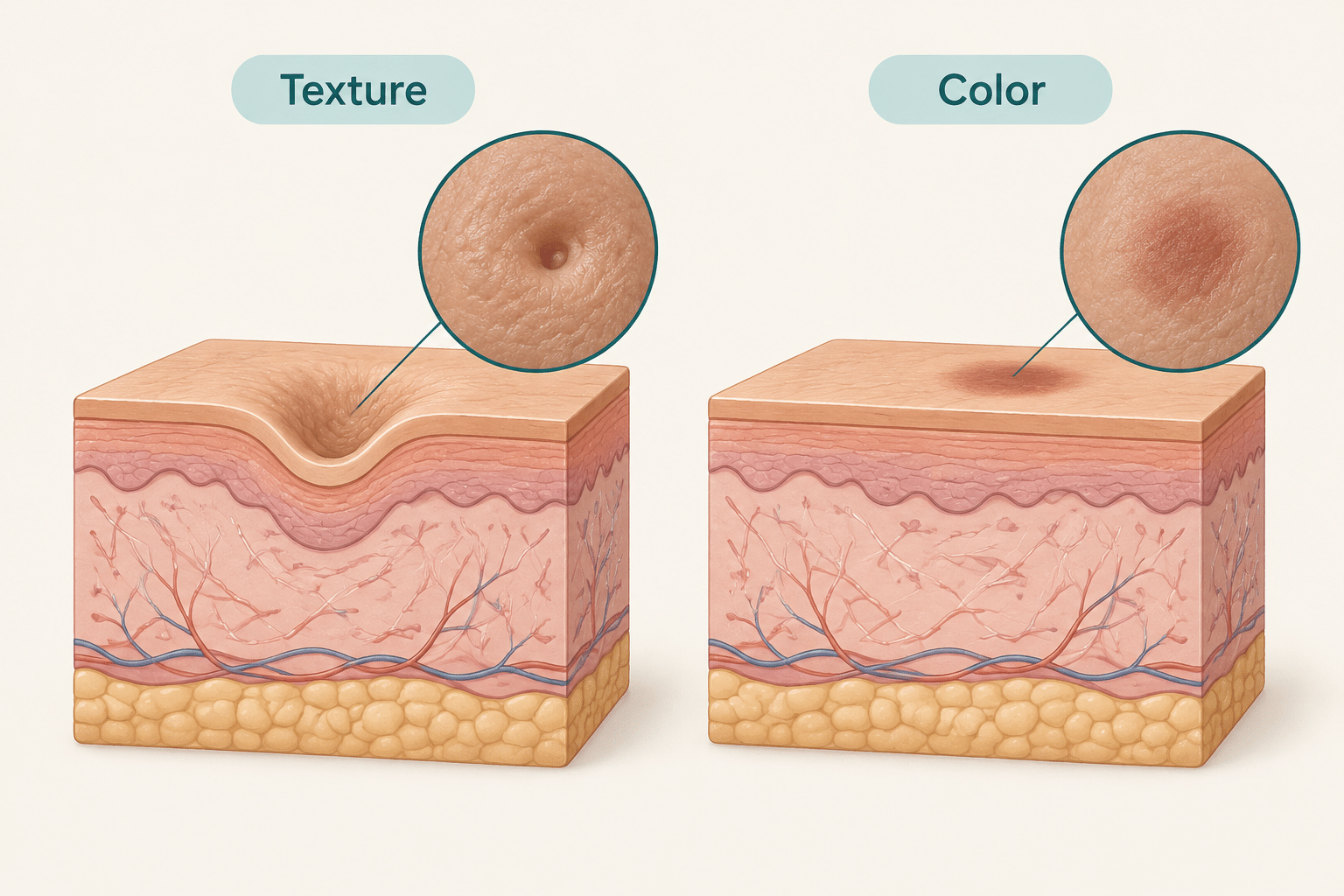 Skin diagrams distinguishing a depressed acne scar from a flat post-acne color mark.