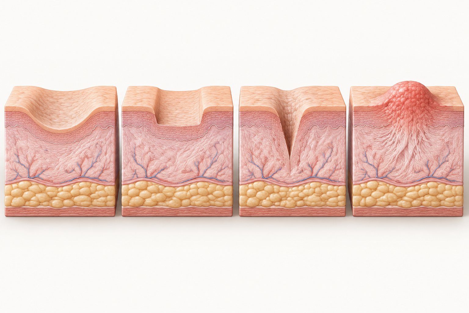 Simplified cross-sections showing rolling, boxcar, ice-pick, and raised scar shapes.