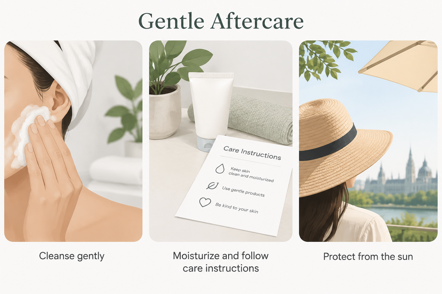 Illustrated recovery reminders showing gentle cleansing, a simple care routine, and sun protection.