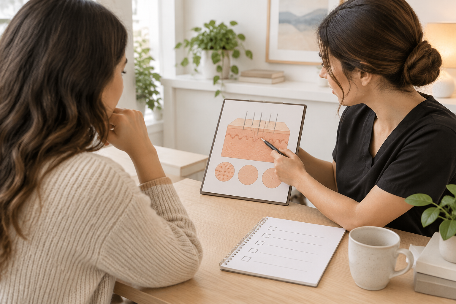 Conceptual illustration of a personalized skin-care discussion about goals and treatment questions.